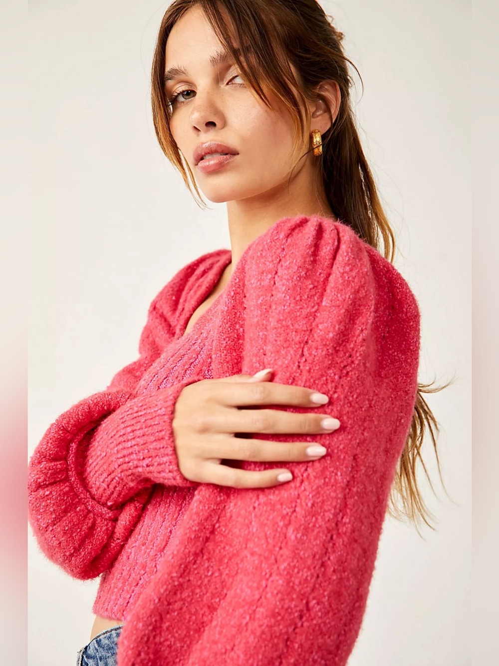 NWT Katie Knit Free People Ribbed  Square Neck Pink Balloon Puff-Sleeve Sweater